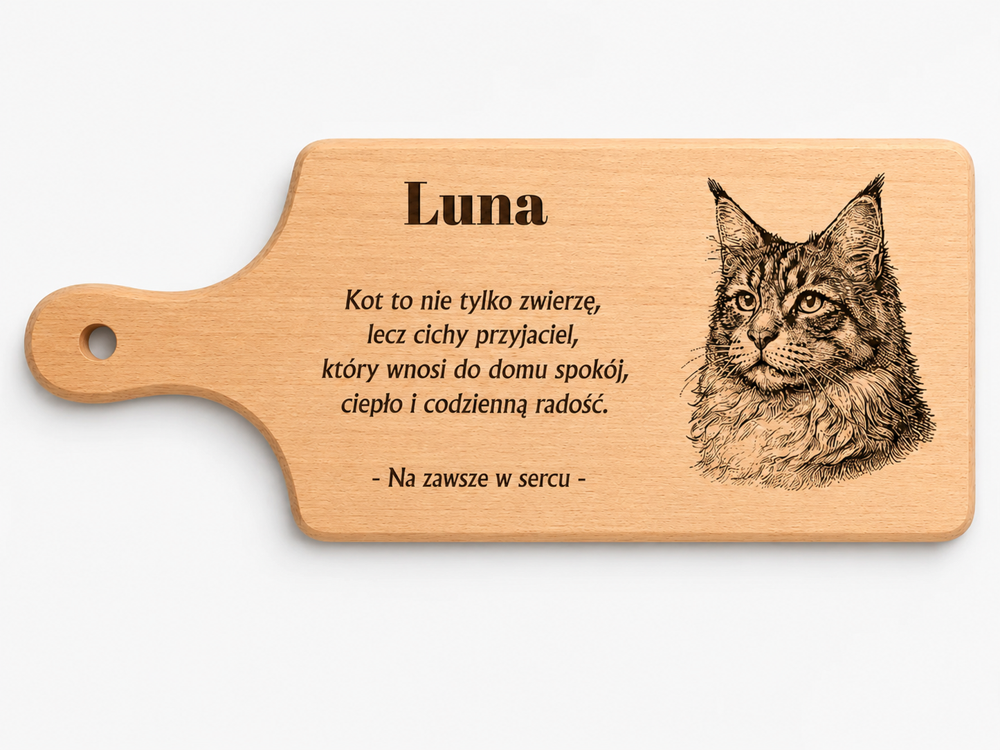 Planche de hêtre personnalisée avec gravure de chat – choisissez le modèle (Modèle 4)