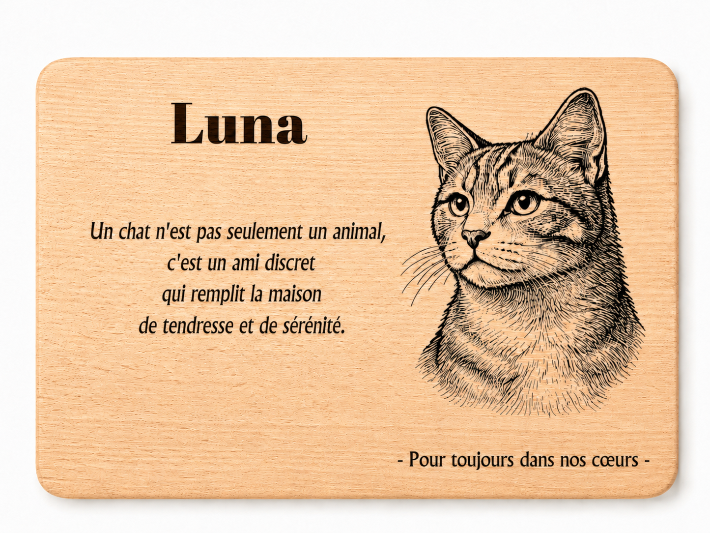 Planche personnalisable en bois de hêtre avec gravure de chat – choisissez le modèle (Modèle 5)