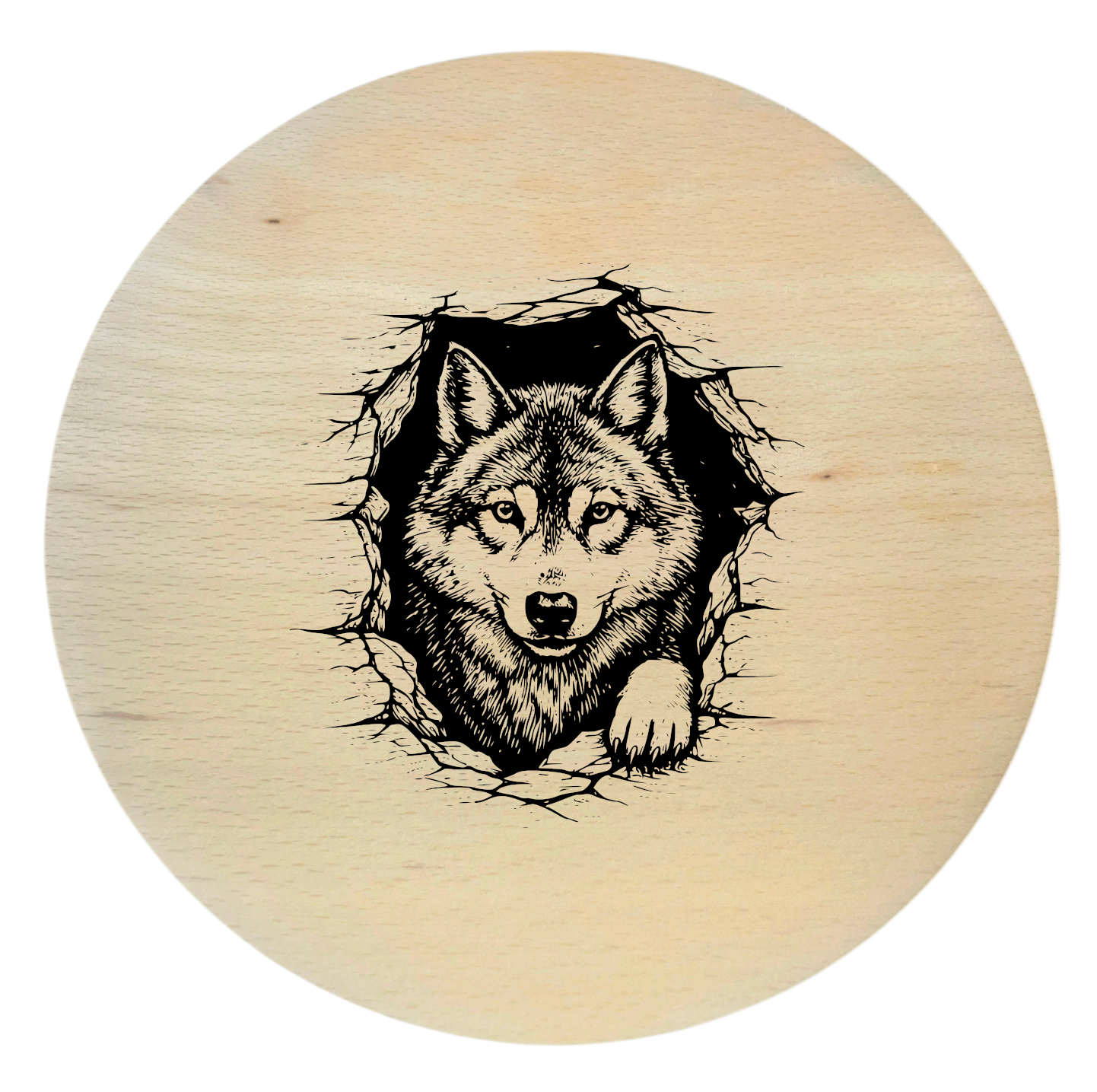 Okrągła deska bukowa z grawerem wilka – drewniana deska z motywem zwierząt leśnych
