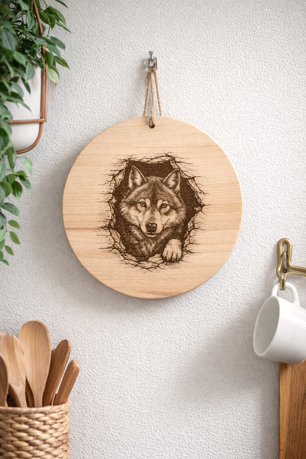 alt="Bukowa deska z grawerem wilka zawieszona na ścianie w kuchni – rustykalna dekoracyjna deska drewniana"