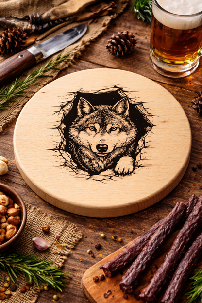 Bukowa deska z grawerem wilka zawieszona na ścianie w kuchni – rustykalna dekoracyjna deska drewniana